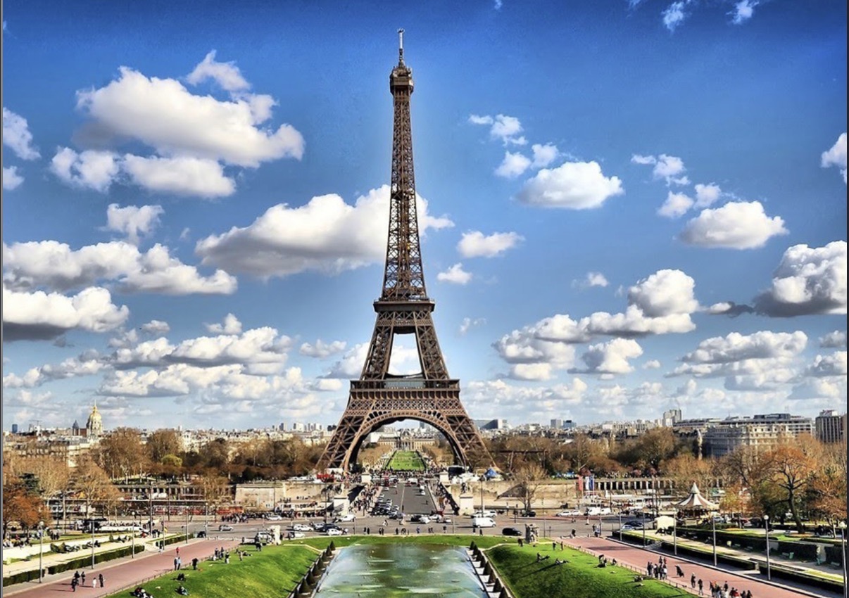 The Eiffel Tower in Paris under blue skies